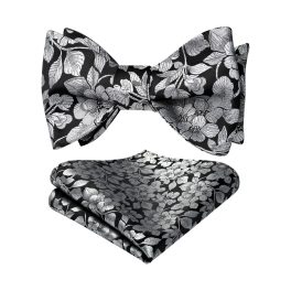 Silver Black Floral Bow Tie Set Groomsmen Wedding