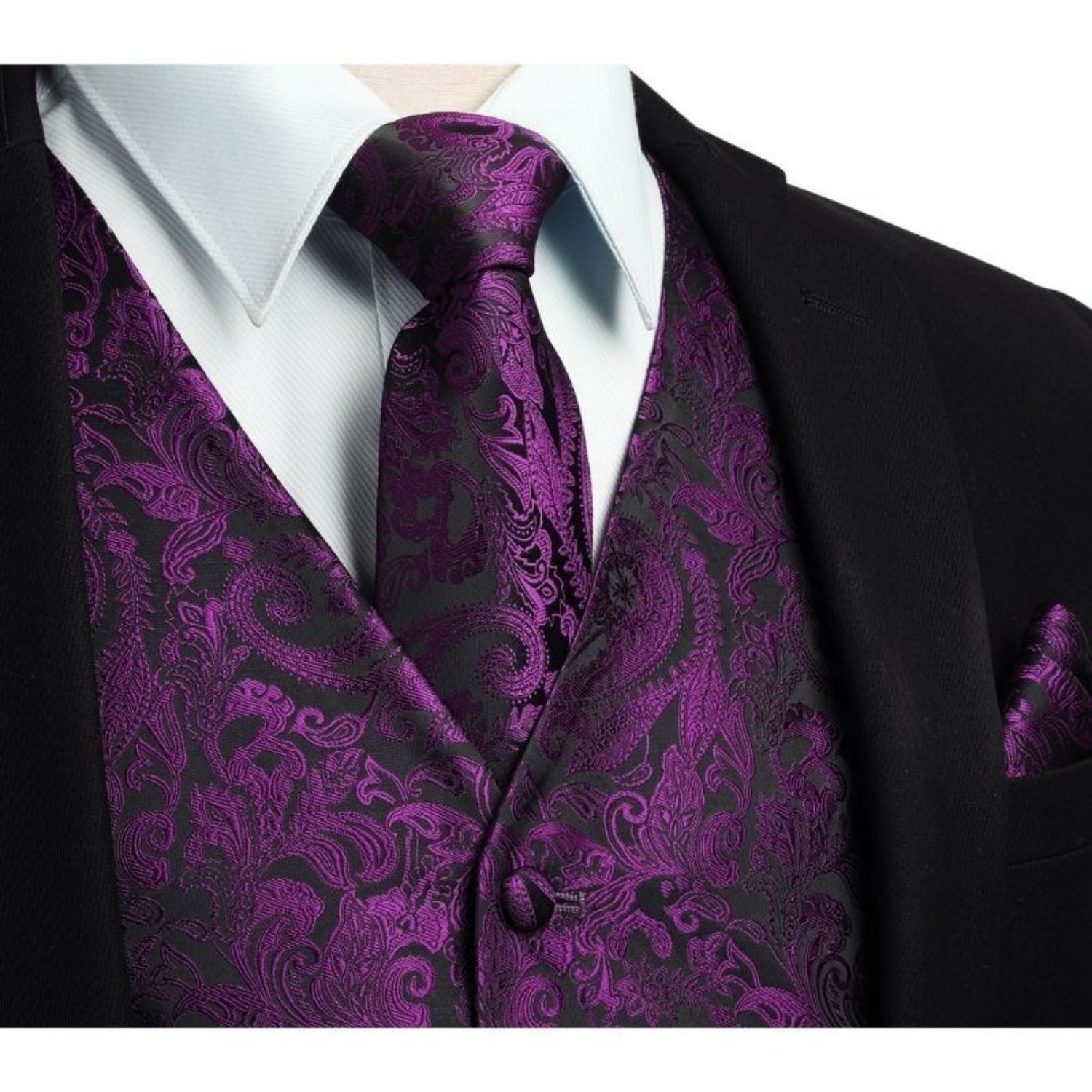 Purple Paisley Silk-Lined Dress Vest Tie Set For Weddings - Image 2
