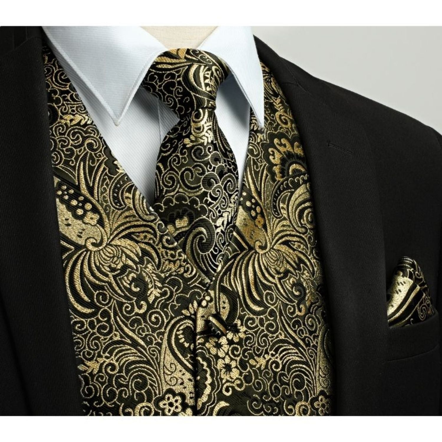Men's Gold Black Paisley Vest Tie Set For Weddings - Image 2