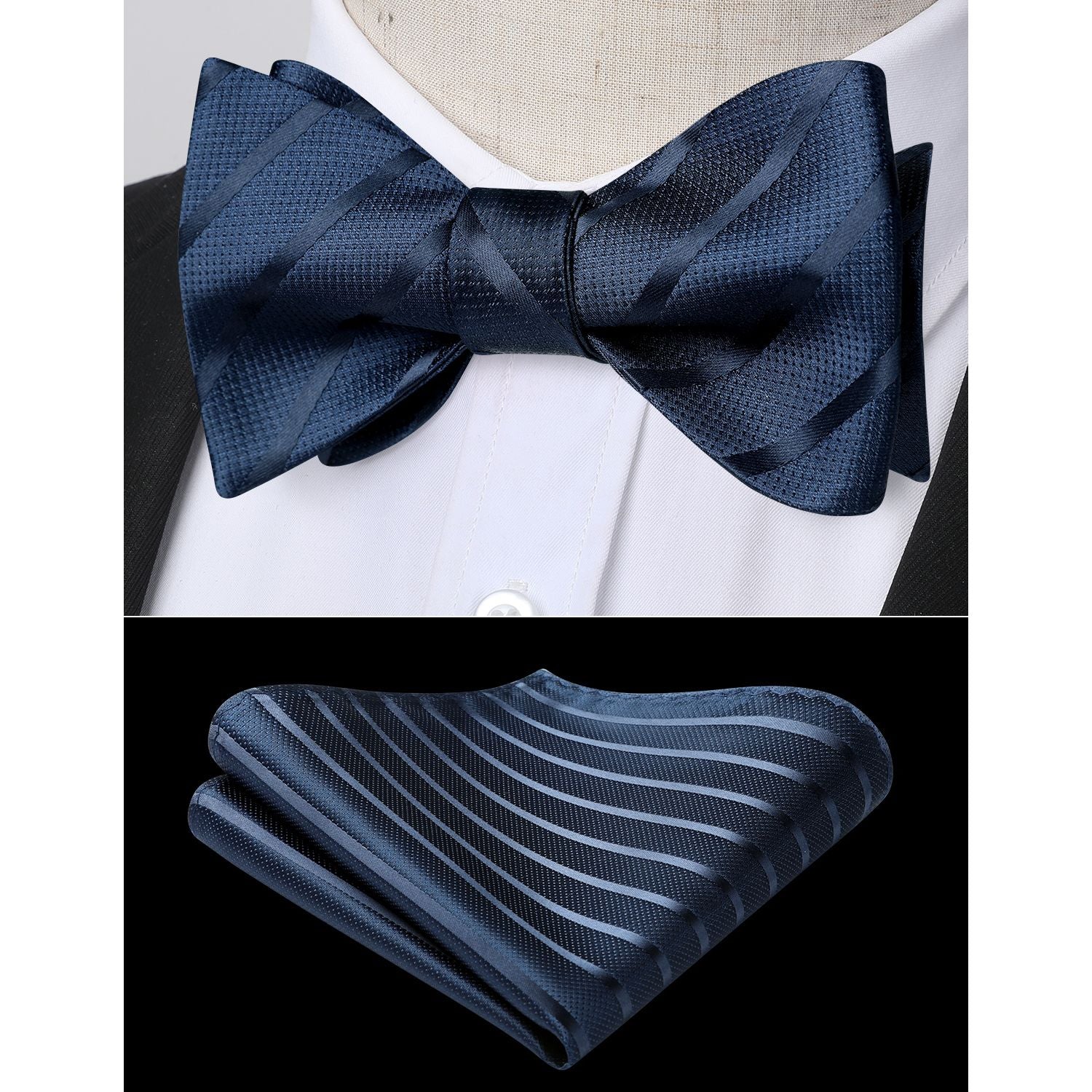 Navy Blue Striped Bow Tie Accessories Set For Evening Wear - Image 2