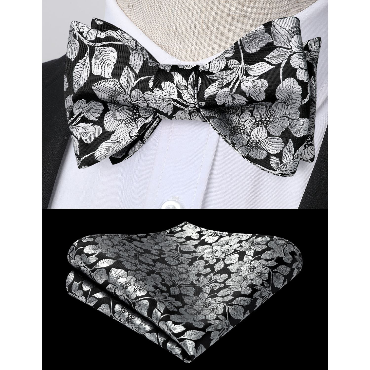 Silver Black Floral Bow Tie Set Groomsmen Wedding - Image 2