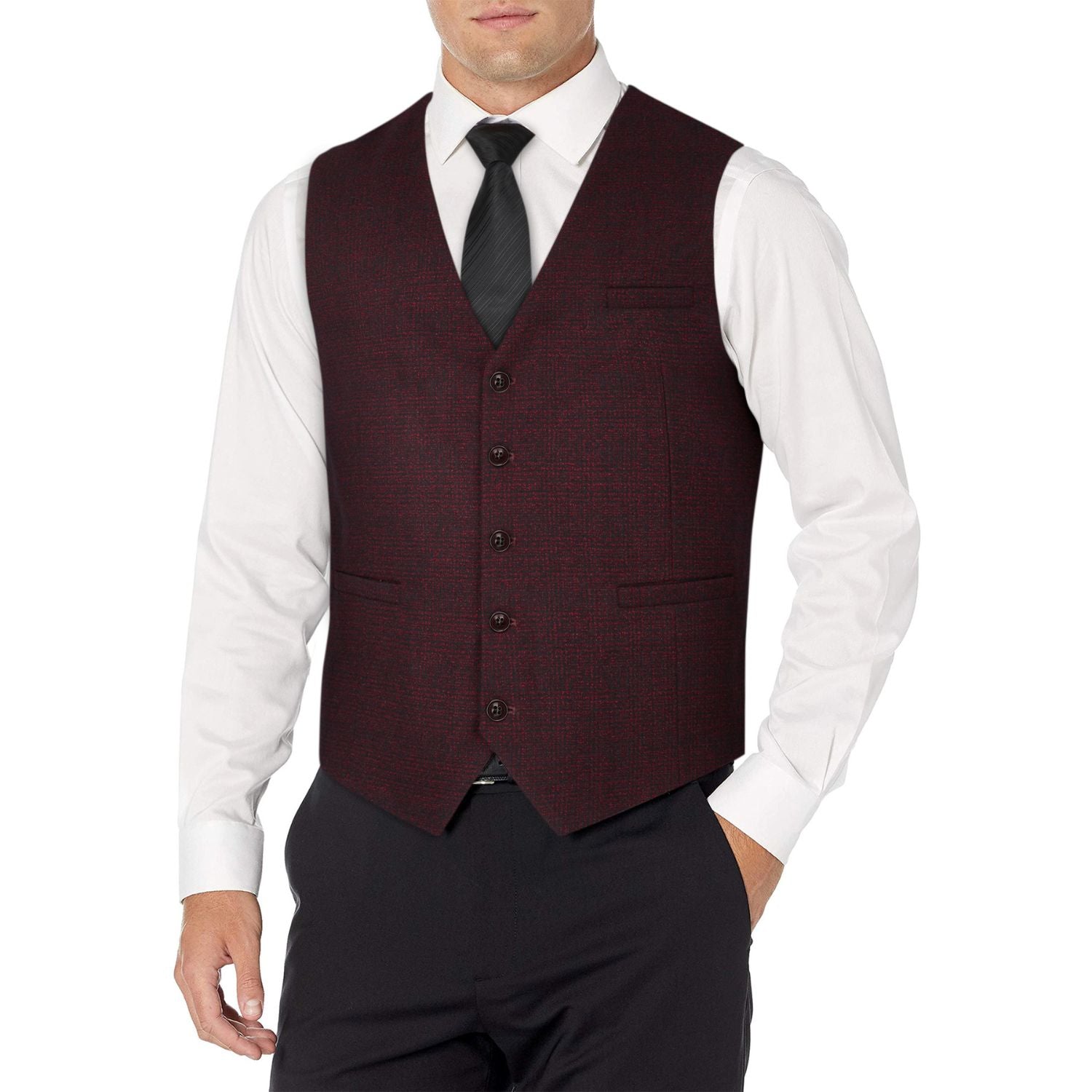Men's Burgundy Plaid Wedding Vest For Skinny Guys - Image 2