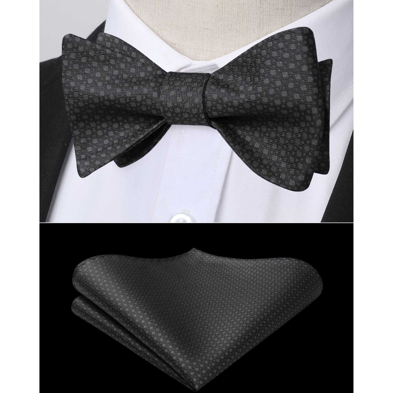 Houndstooth Bow Tie Pocket Square Black Formal Attire - Image 2
