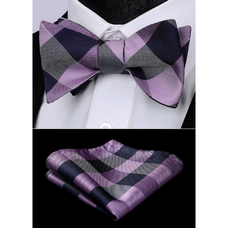 Purple Navy Blue Plaid Bow Tie Set For Special Occasions - Image 2