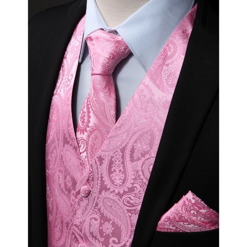 Men's Pink Paisley Vest Tie Set For Weddings Anniversary - Image 2