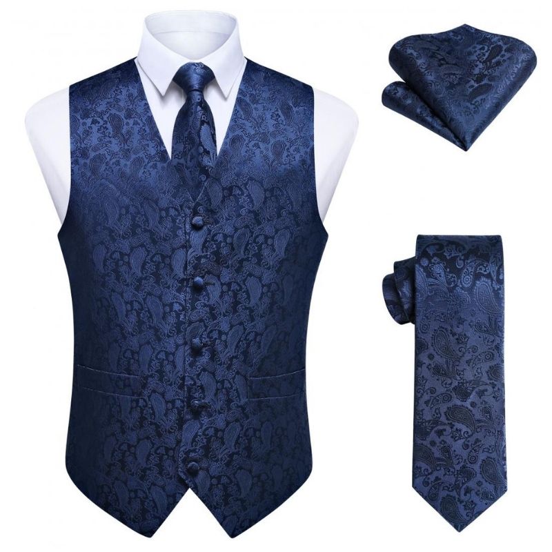 Men's Navy Blue Paisley Vest Tie Set For Weddings Anniversary