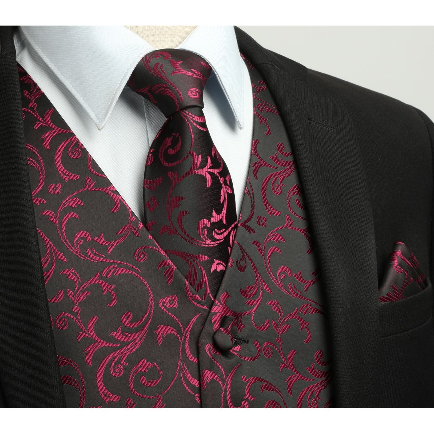 Men's Burgundy Black Floral Vest Tie Set For Weddings - Image 2