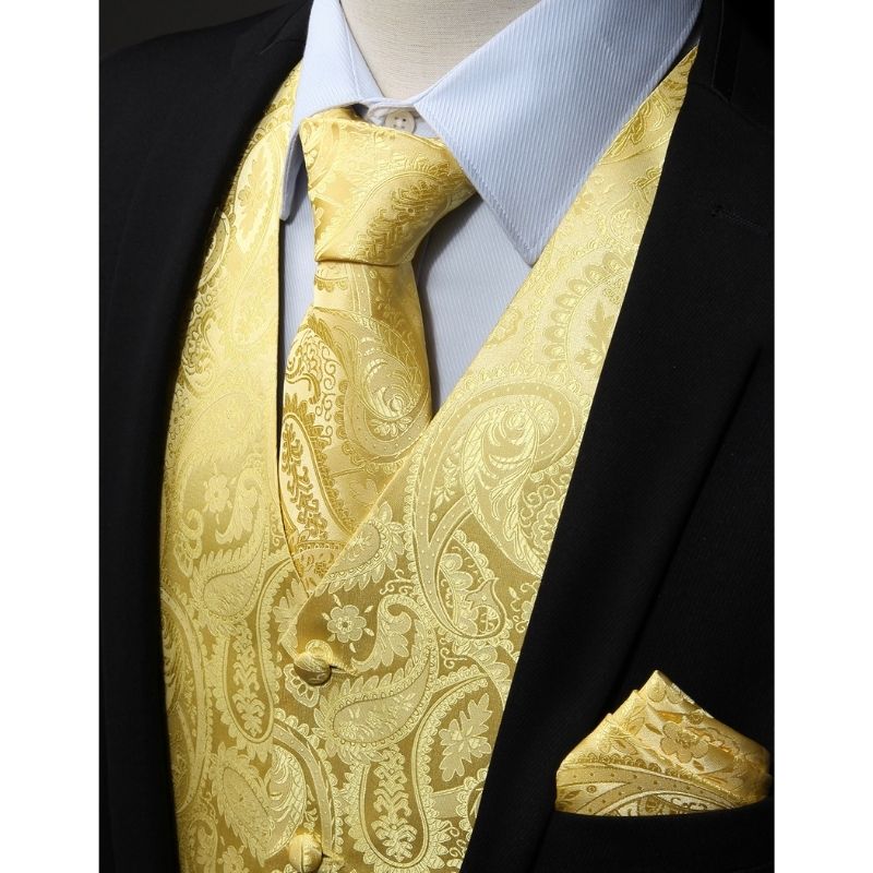 Men's Yellow Paisley Vest Tie Set For Weddings Anniversary - Image 2