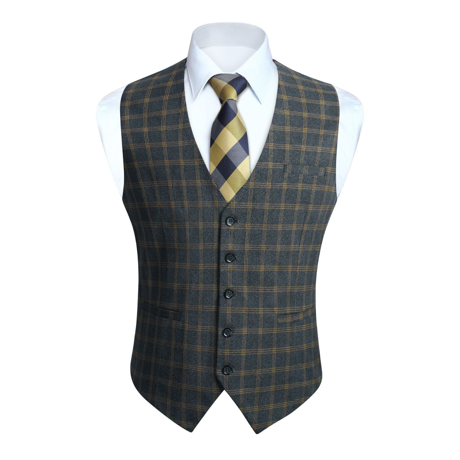 Men's Brown Blue Plaid Slim Suit Vest Formal Wear