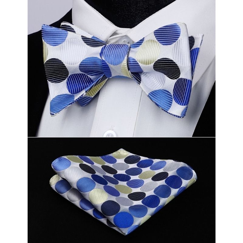 Polka Dots Blue Beige Bow Tie Set For Party Wedding - Image 2