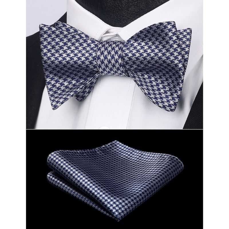 Navy Blue Grey Houndstooth Bow Tie Set For Special Occasions - Image 2
