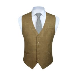 Men's Khaki Plaid Wedding Vest For Skinny Guys