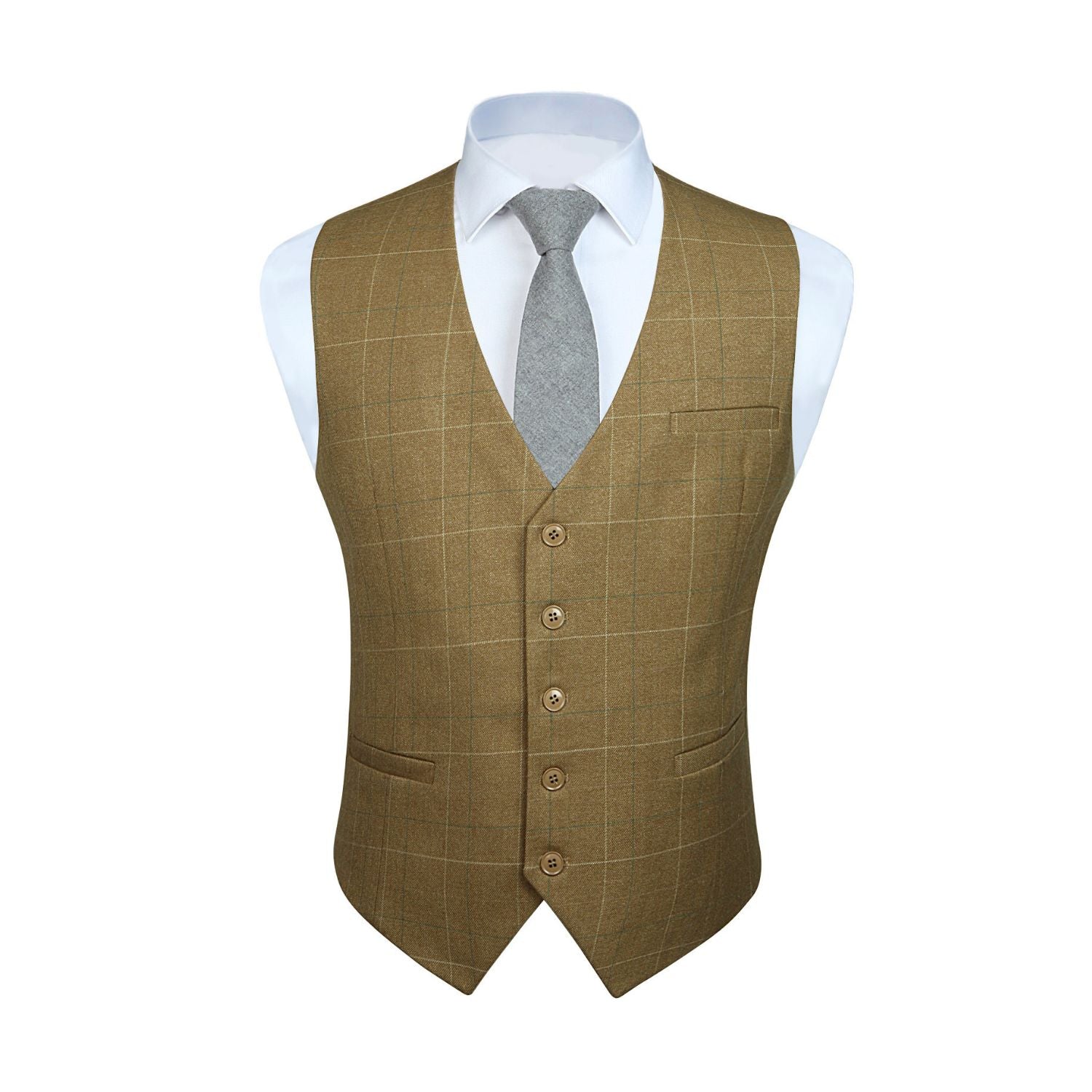 Men's Khaki Plaid Wedding Vest For Skinny Guys