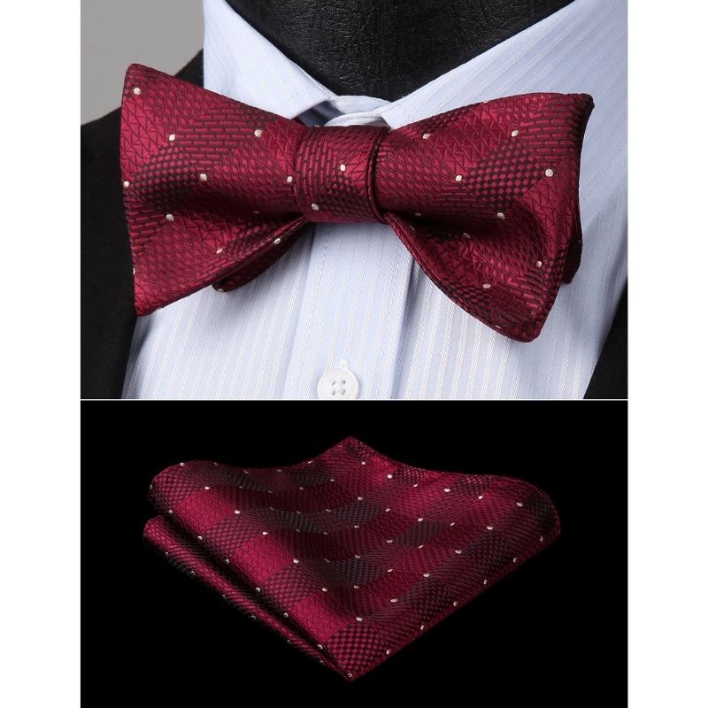 Burgundy Plaid Bow Tie Set For Special Occasions - Image 2
