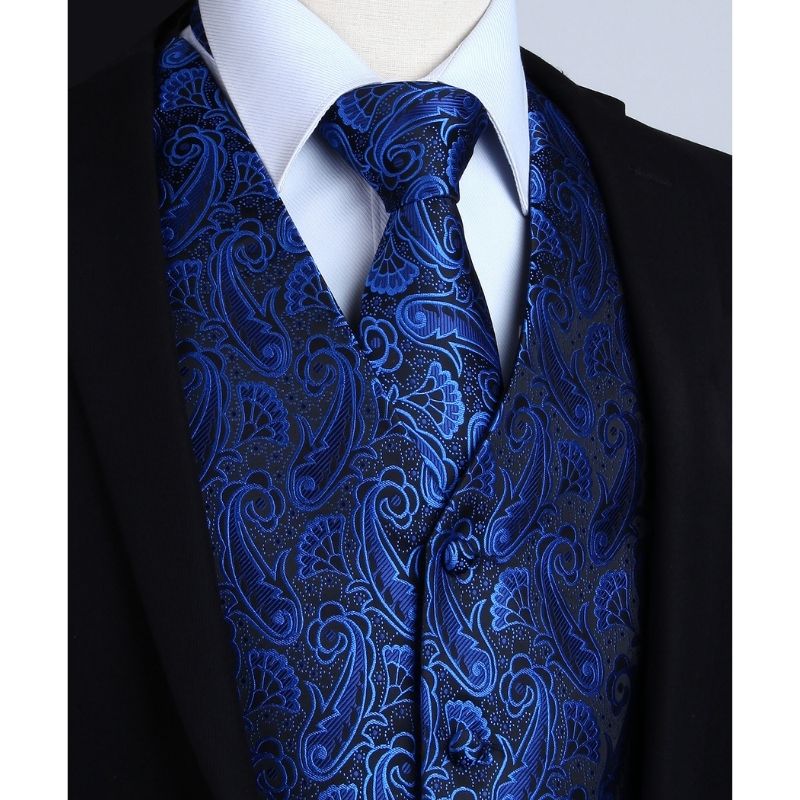 Men's Blue Black Paisley Vest Tie Set For Weddings - Image 2