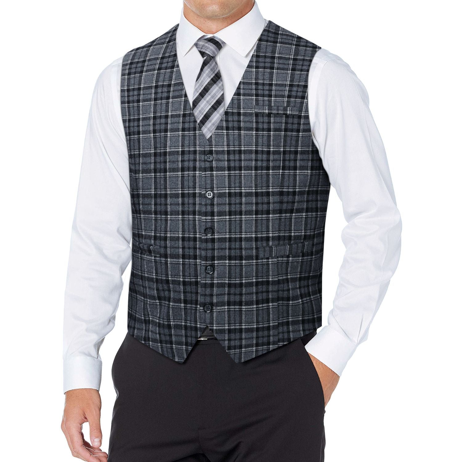Men's Grey Plaid Wedding Vest For Skinny Guys - Image 2