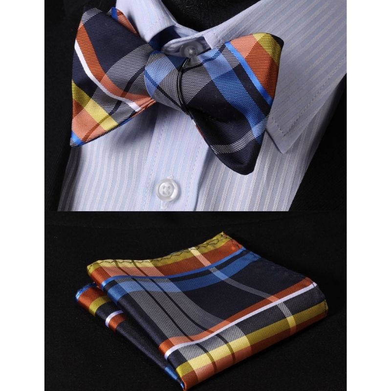 Grey Orange Navy Plaid Bow Tie Set For Special Occasions - Image 2