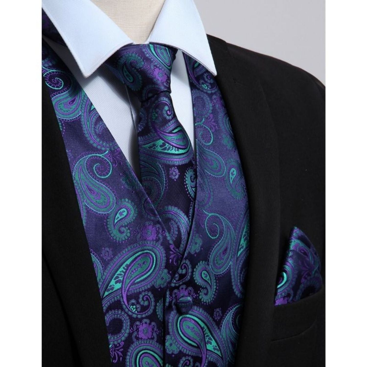 Men's Purple Green Paisley Vest Tie Set For Weddings - Image 2