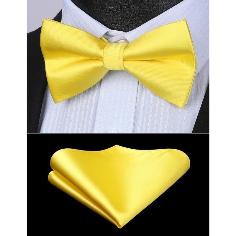 Lemon Yellow Solid Pre-Tied Bow Tie Accessories Set For Evening Wear - Image 2