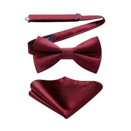 Burgundy Solid Pre-Tied Bow Tie Accessories Set For Evening Wear