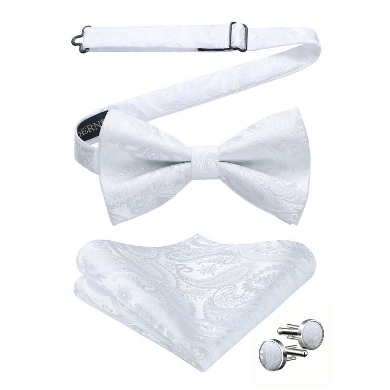 White Paisley Pre-Tied Bow Tie Handkerchief With Cufflinks
