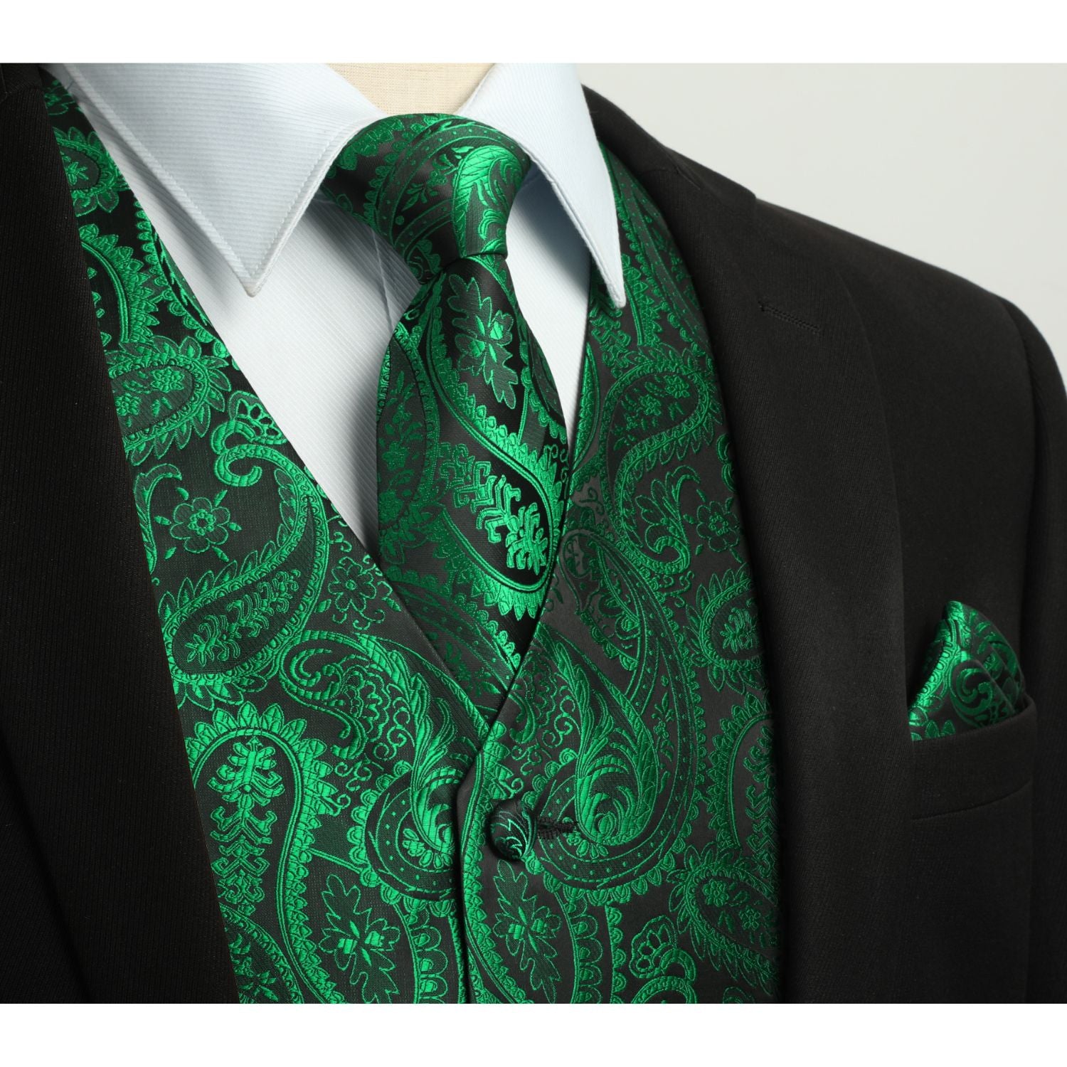 Men's Green Paisley Suit Vest Tie Set Formal Wear - Image 2