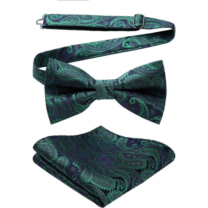 Vintage Green Navy Paisley Pre-Tied Bow Tie Set For Wedding