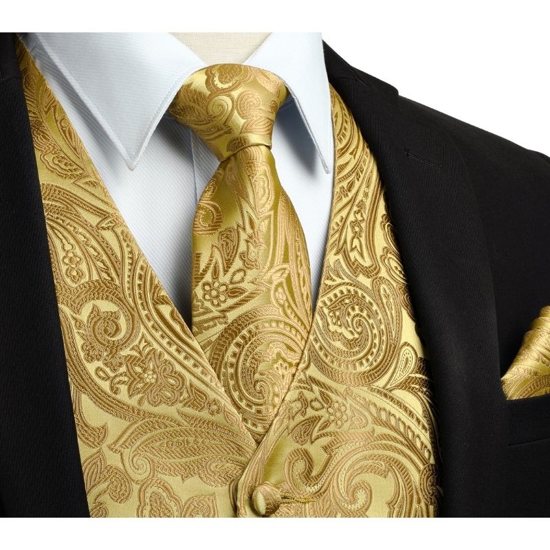 Men's Gold Paisley Vest Tie Set For Weddings - Image 2