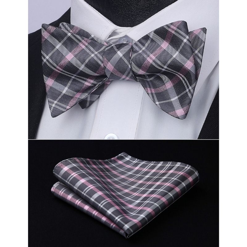 Pink Grey Plaid Bow Tie Set For Special Occasions - Image 2