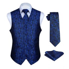 Men's Blue Black Paisley Vest Tie Set For Weddings