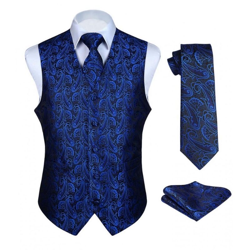 Men's Blue Black Paisley Vest Tie Set For Weddings
