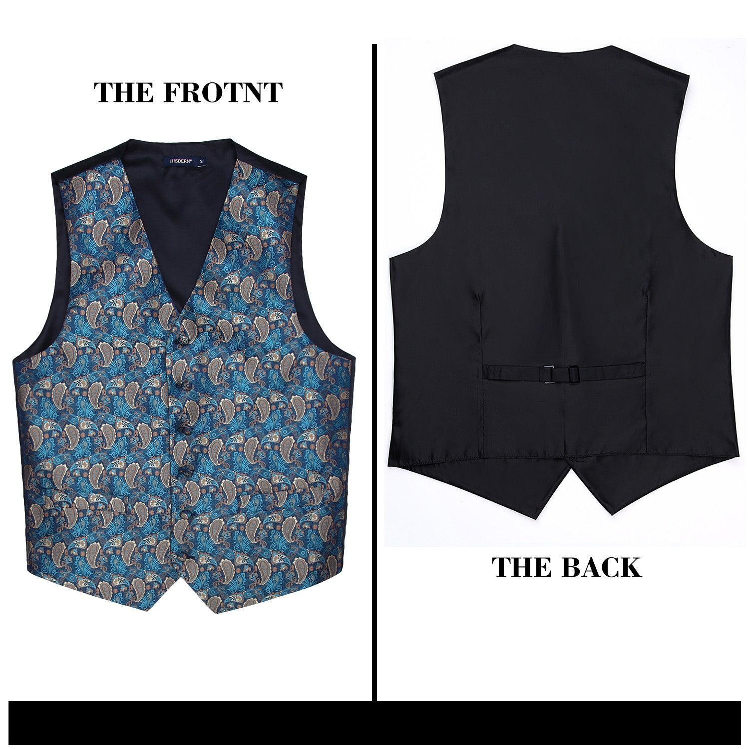 Men's Navy Blue Brown Paisley Vest Tie Set For Weddings - Image 3