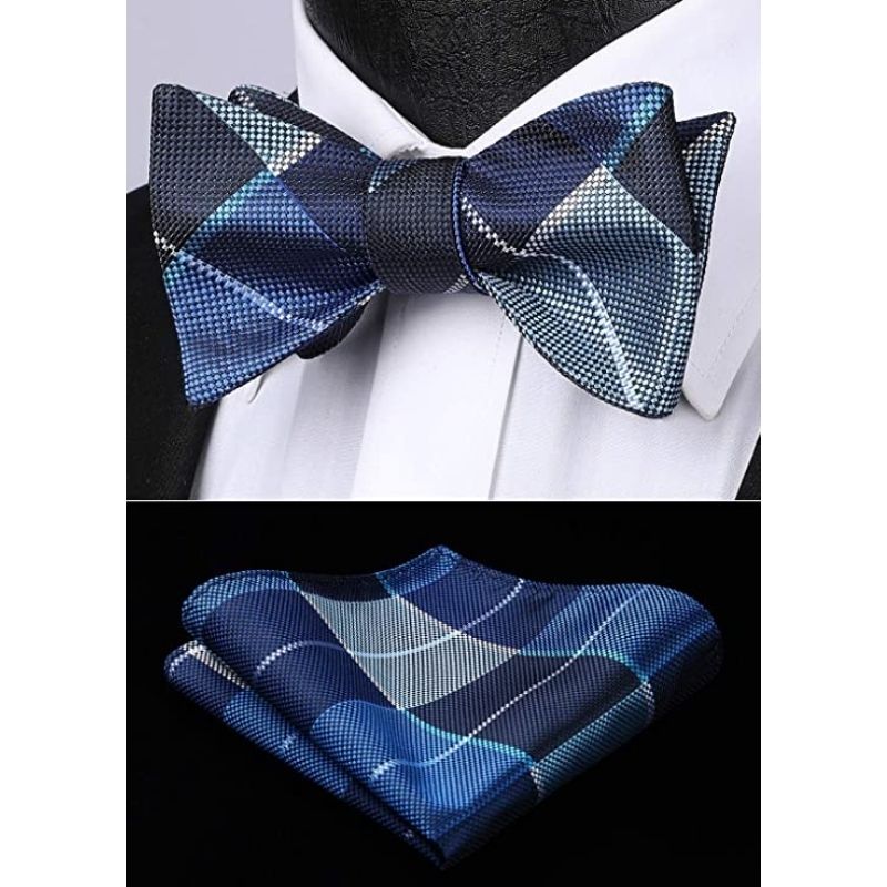 Blue Navy Blue Plaid Bow Tie Set For Special Occasions - Image 2