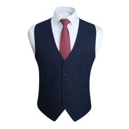 Men's Navy Blue Plaid Wedding Vest For Skinny Guys