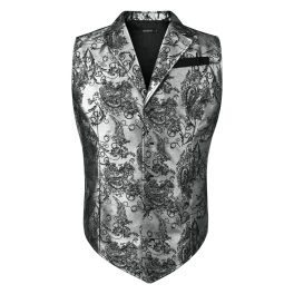 Gothic Men's Formal Vest Silver Black Lapel Party Coat