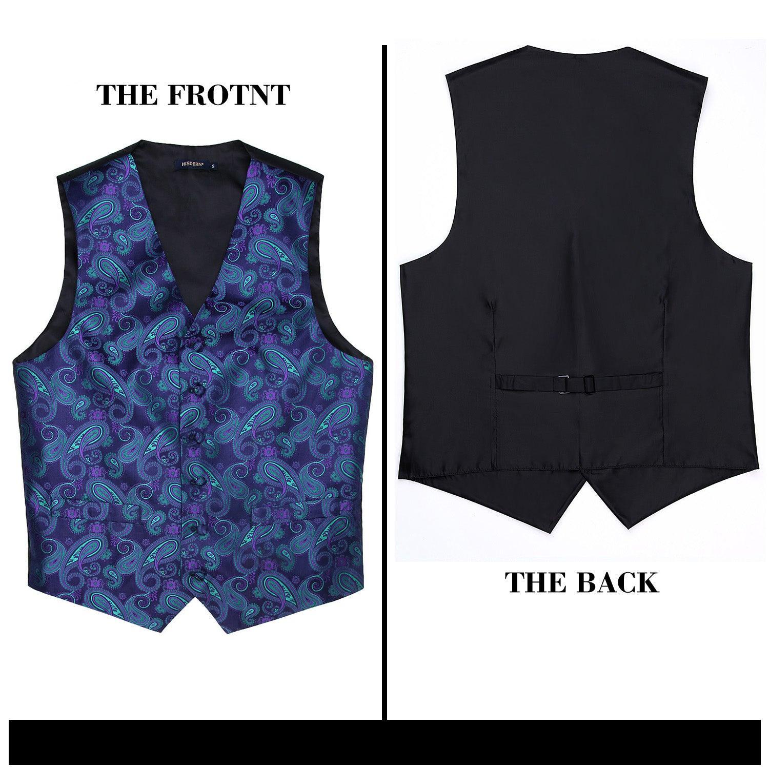 Men's Purple Green Paisley Vest Tie Set For Weddings - Image 3