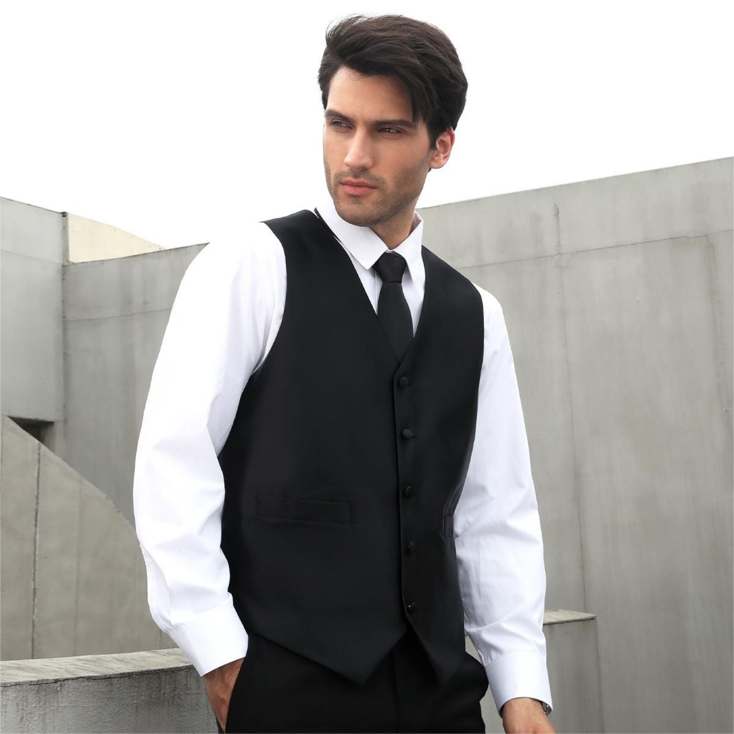 Men's Black Solid Vest Tie Set For Weddings - Image 2