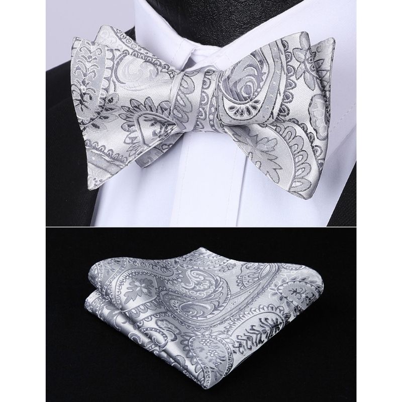 Grey Silver Paisley Bow Tie Set For Evening Wear - Image 2