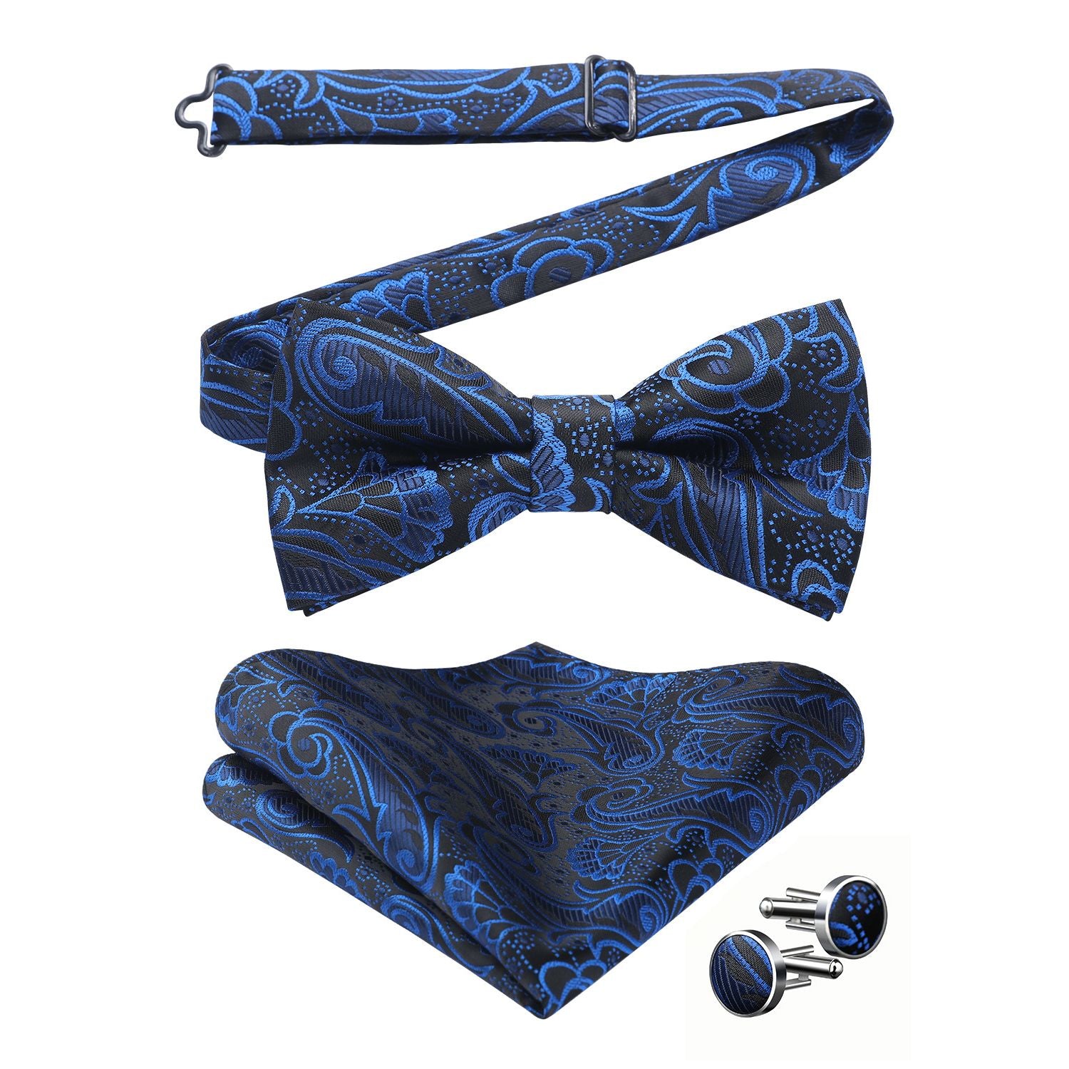 Navy Blue Paisley Pre-Tied Bow Tie Handkerchief With Cufflinks - Image 2