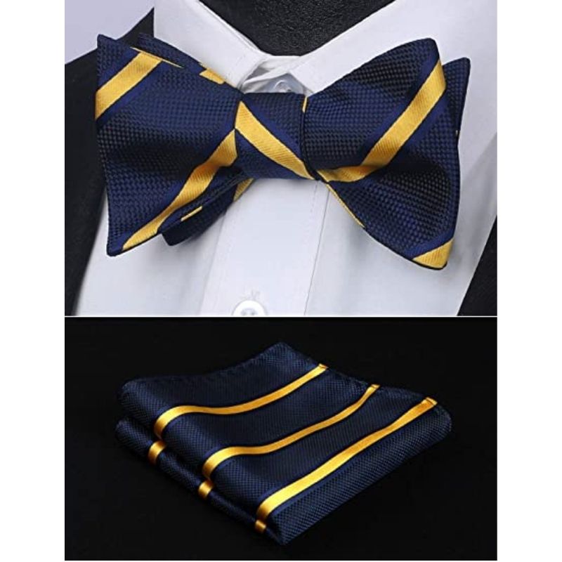 Navy Blue Yellow Striped Bow Tie Accessories Set For Evening Wear - Image 3