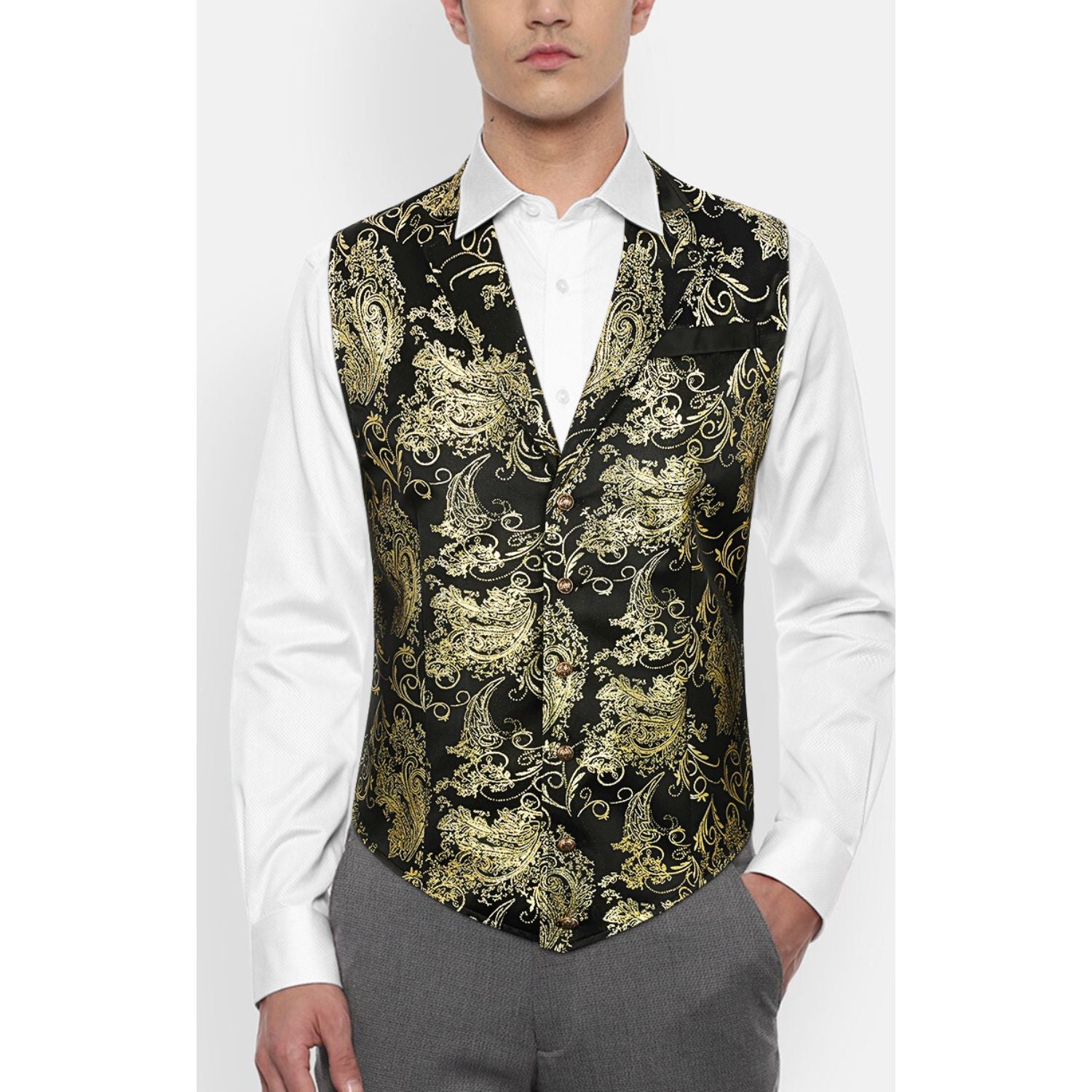 Gothic Men's Formal Vest Black Gold Lapel Party Coat - Image 3