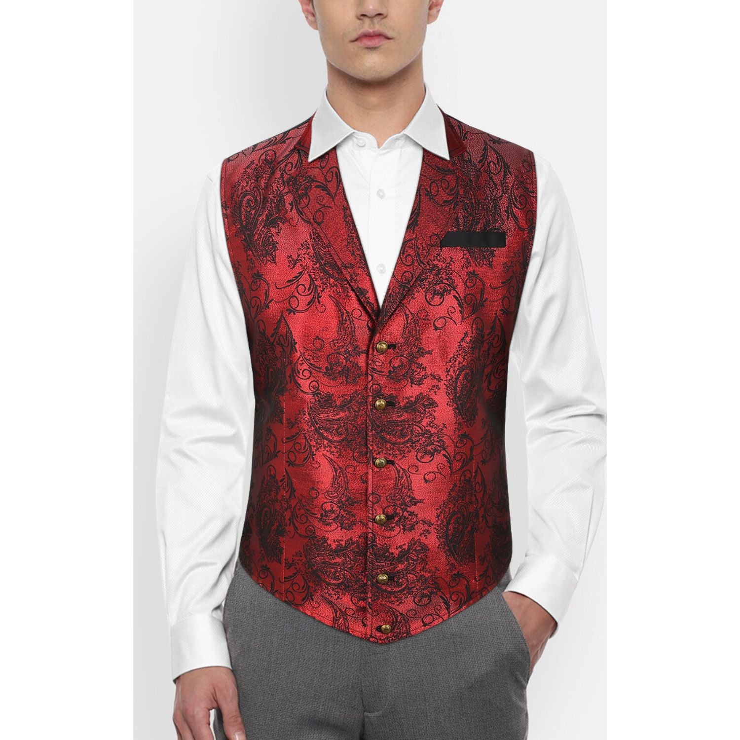 Gothic Men's Formal Vest Silver Red Black Lapel Party Coat - Image 3