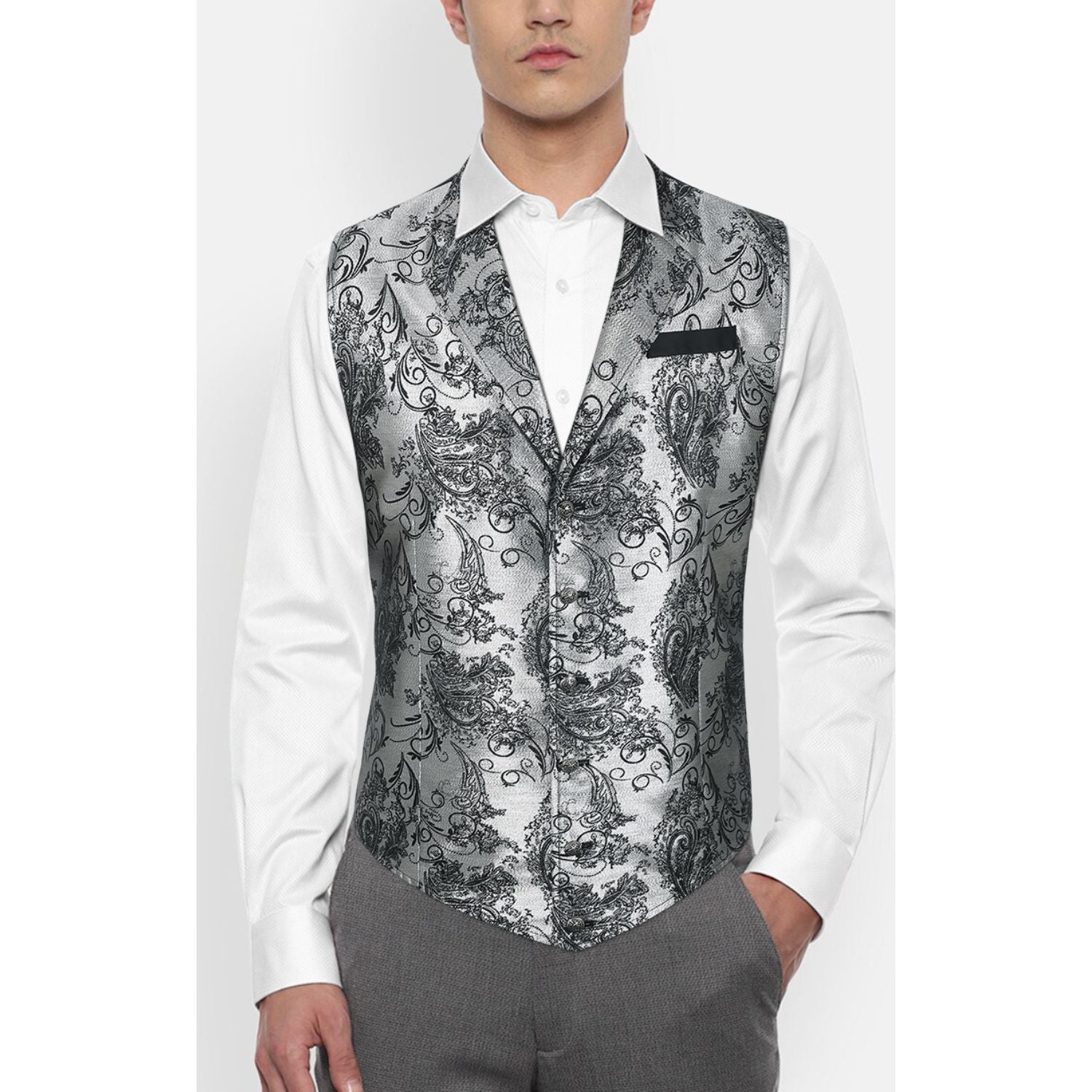 Gothic Men's Formal Vest Silver Black Lapel Party Coat - Image 3