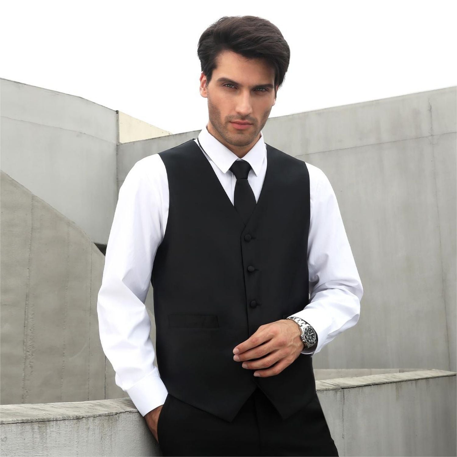 Men's Black Solid Vest Tie Set For Weddings - Image 4