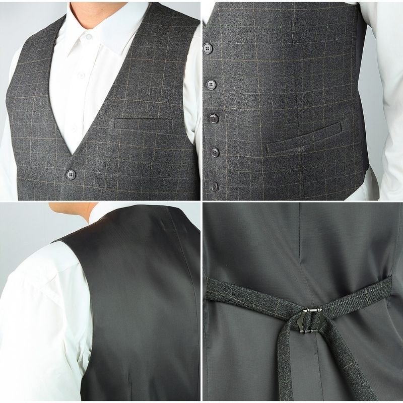 Men's Charcoal Grey Plaid Wedding Vest For Skinny Guys - Image 3