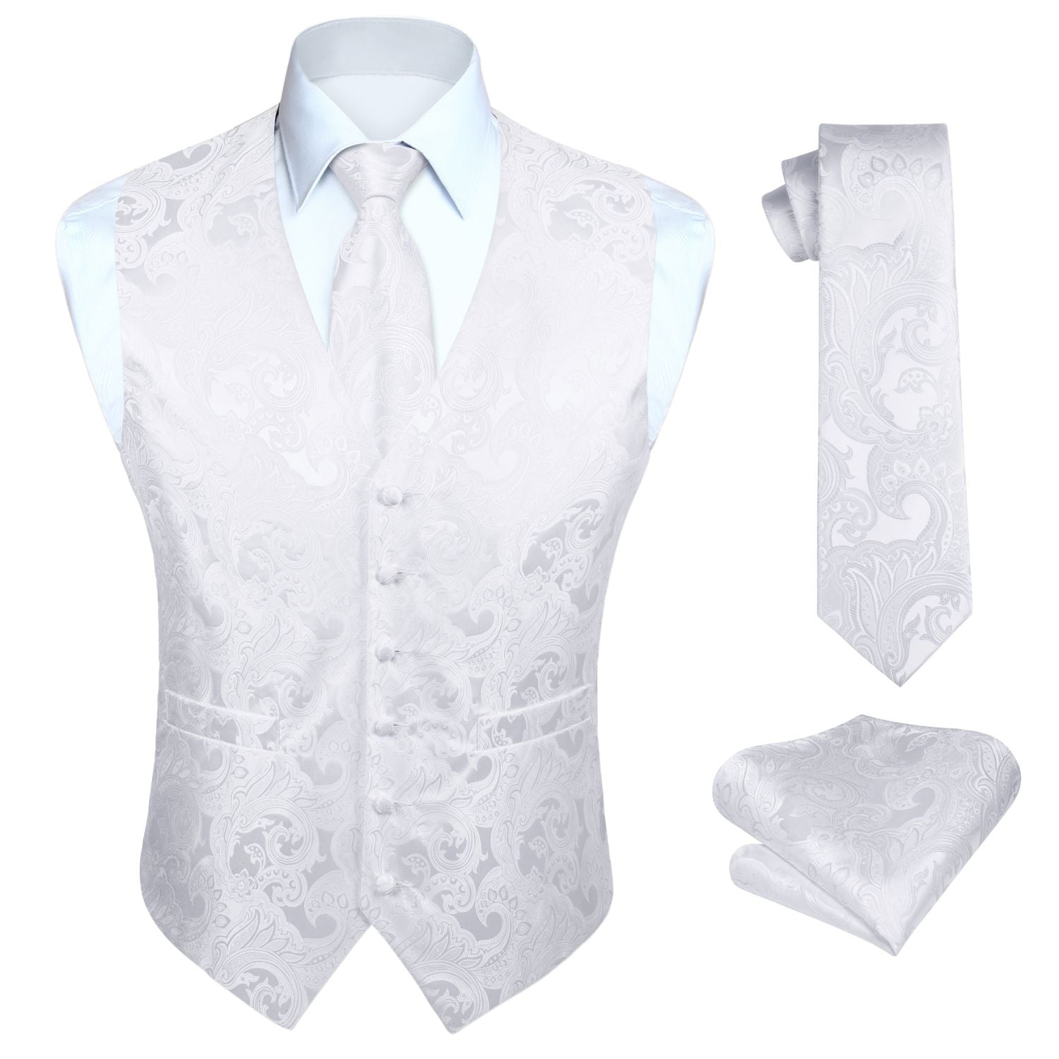 Men's White Paisley Vest Tie Set For Weddings Anniversary