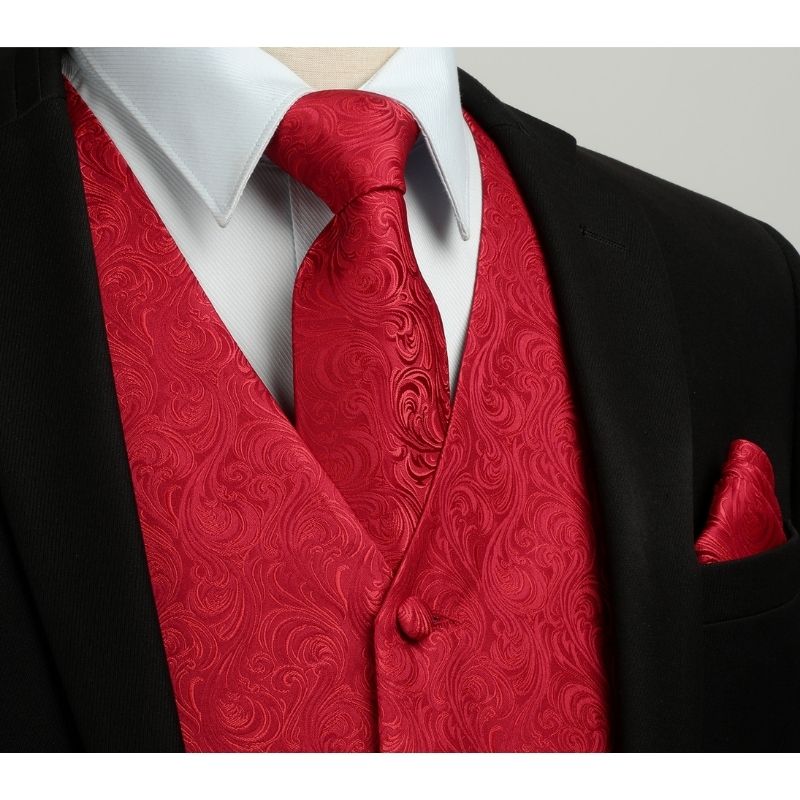 Men's Red Paisley Vest Tie Set For Weddings Anniversary - Image 2