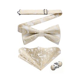 Champagne Paisley Pre-Tied Bow Tie Handkerchief With Cufflinks