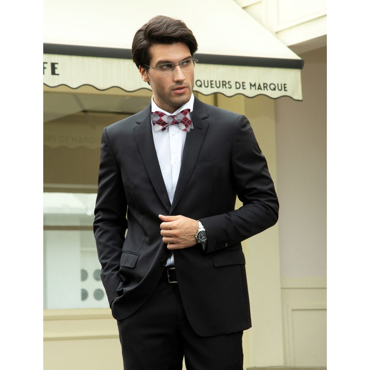Burgundy Grey Plaid Bow Tie Set For Special Occasions - Image 2