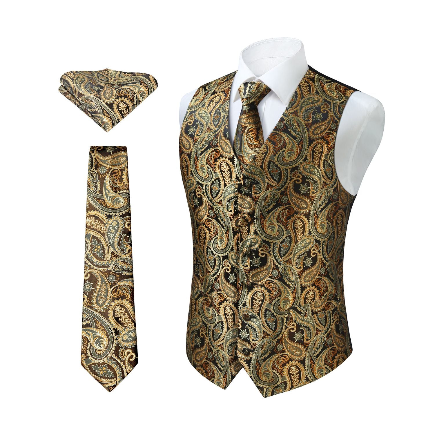 Men's Gold Paisley Vest Tie Set For Weddings